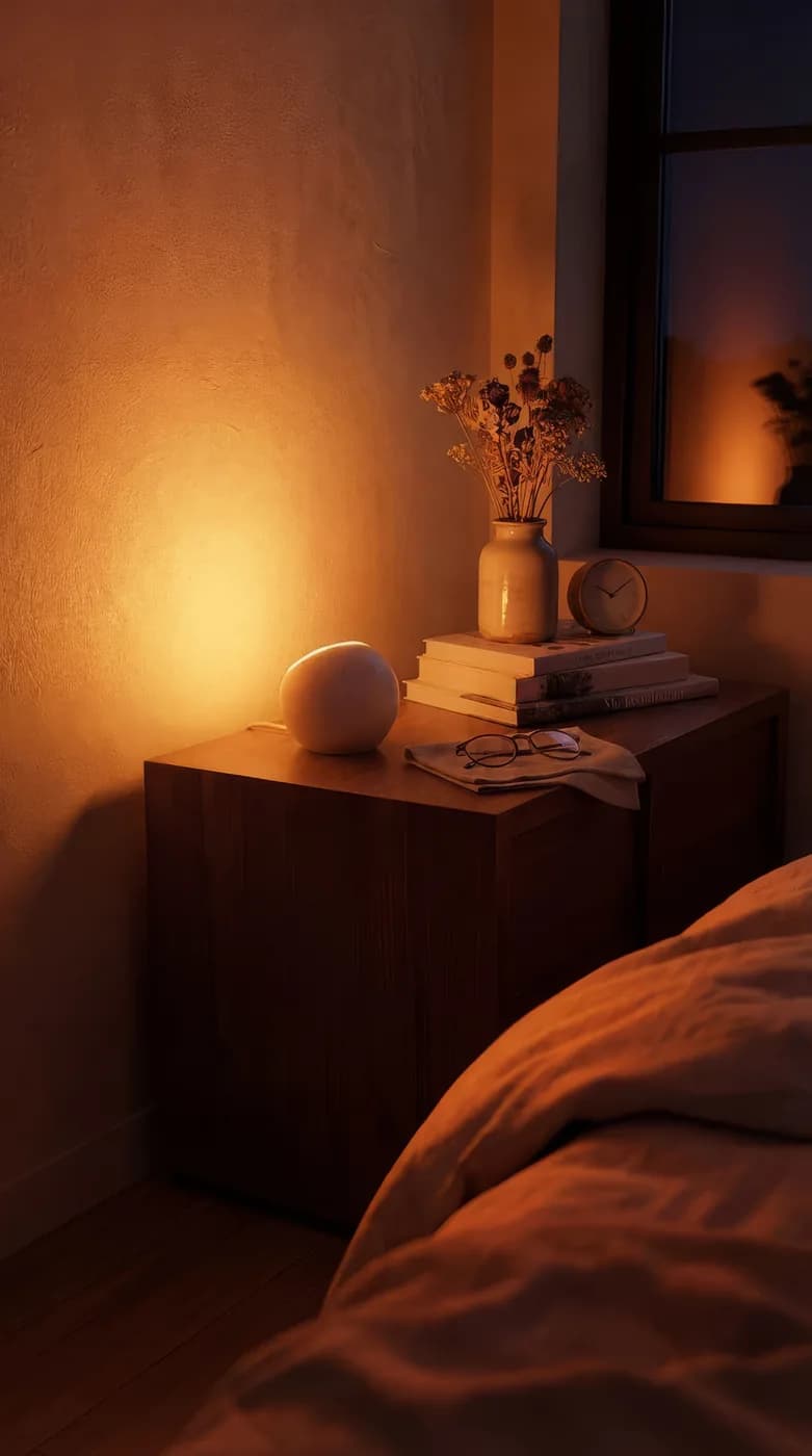 An Oasis lamp on a bedside table at night, from @oasis_lighting