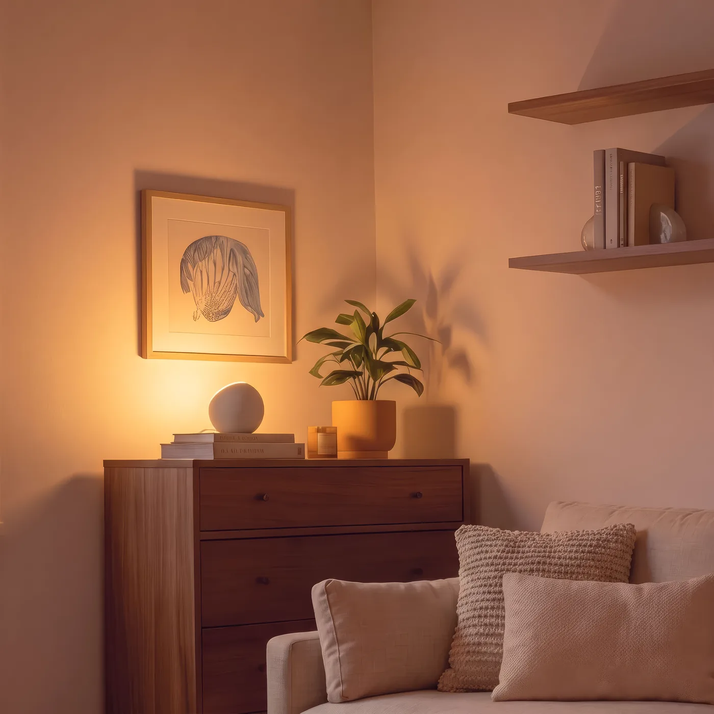 A dresser corner lit by a glowing Oasis lamp, from @oasis_lighting