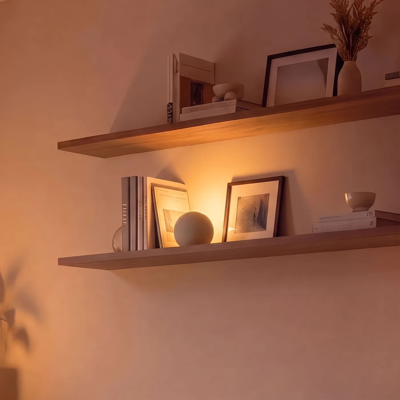 An Oasis lamp glowing on a wall shelf, from @oasis_lighting