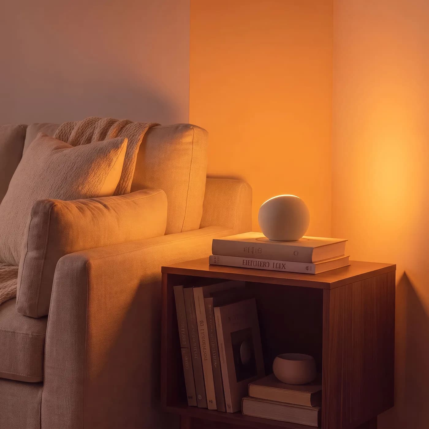 An Oasis lamp on a side table in a warm orange corner, from @oasis_lighting