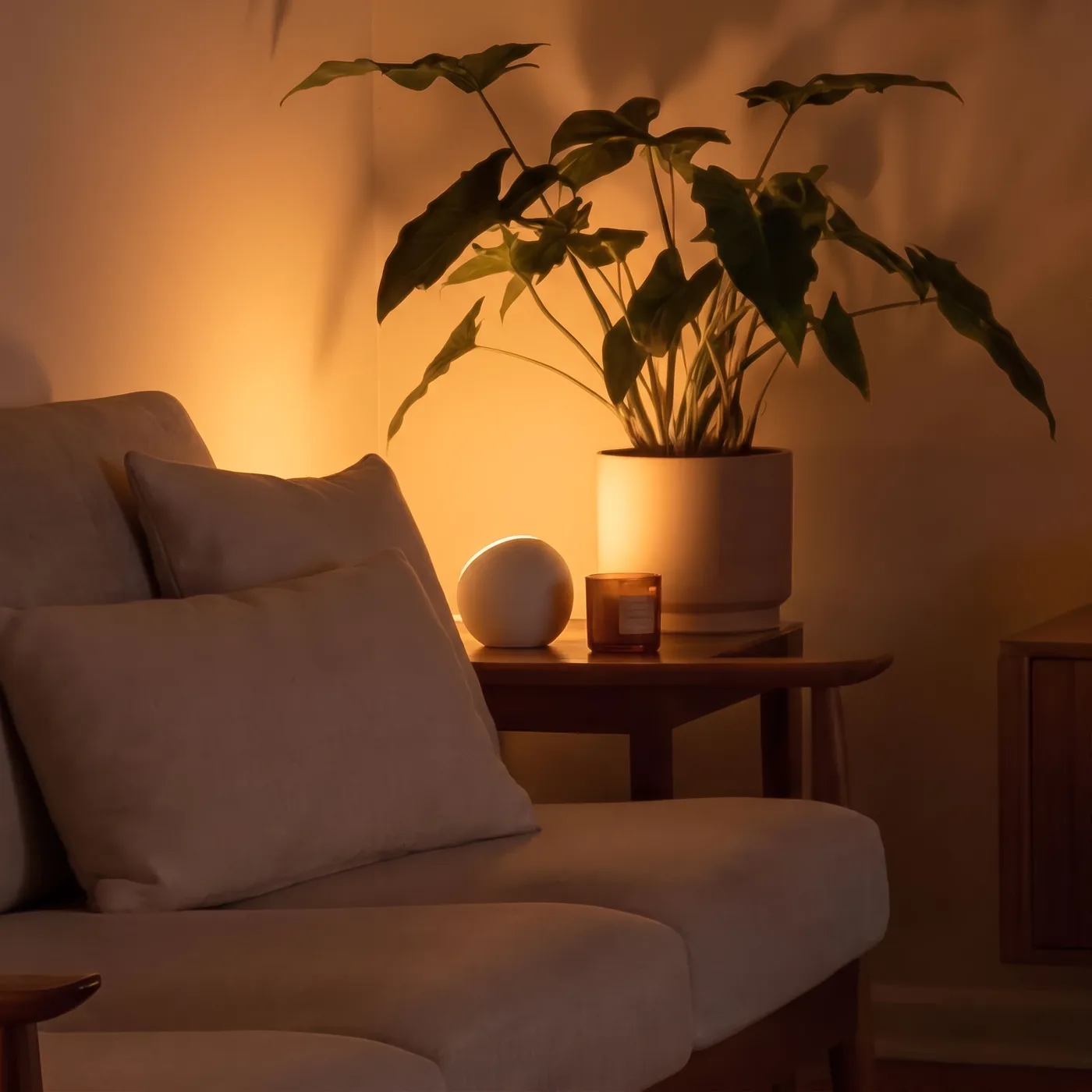 An Oasis lamp glowing beside a sofa and plant, from @oasis_lighting